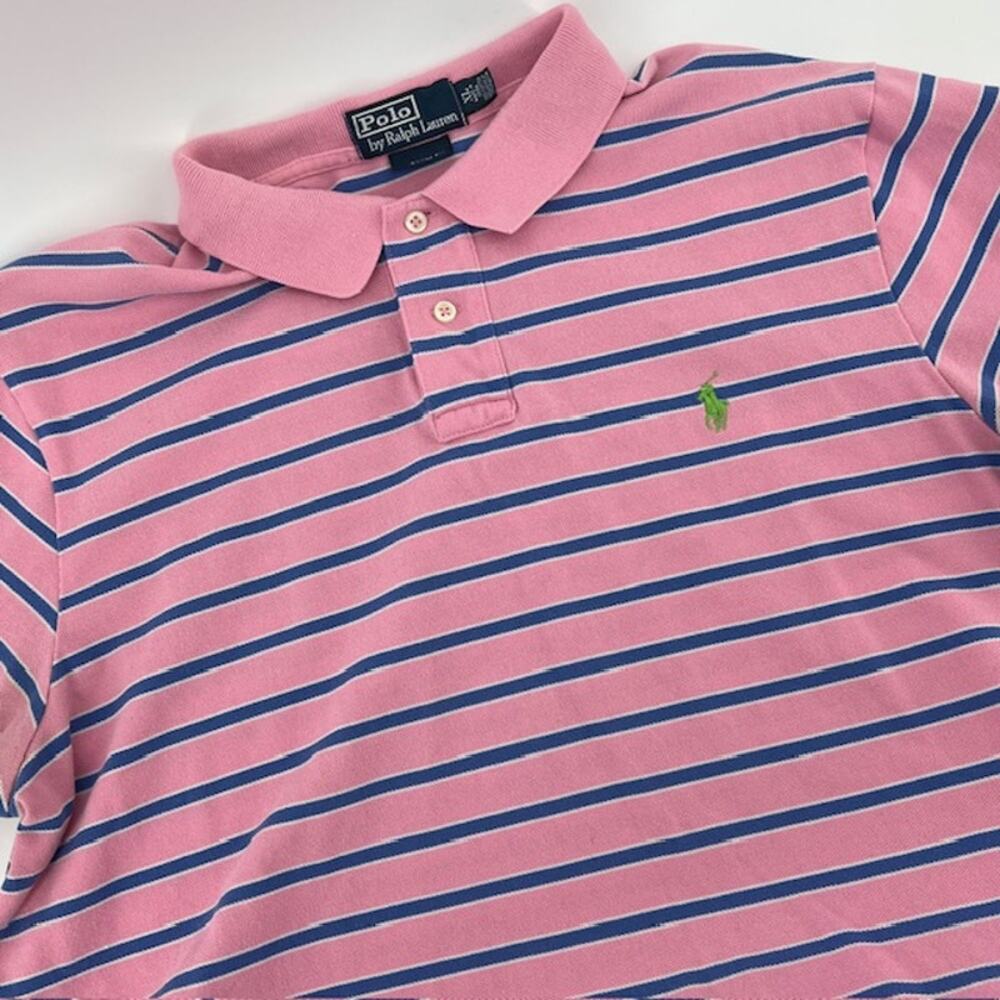 VTG Polo Ralph Lauren Short Sleeve Polo Shirt Mens XL Pink Blue Stripe Preppy90s